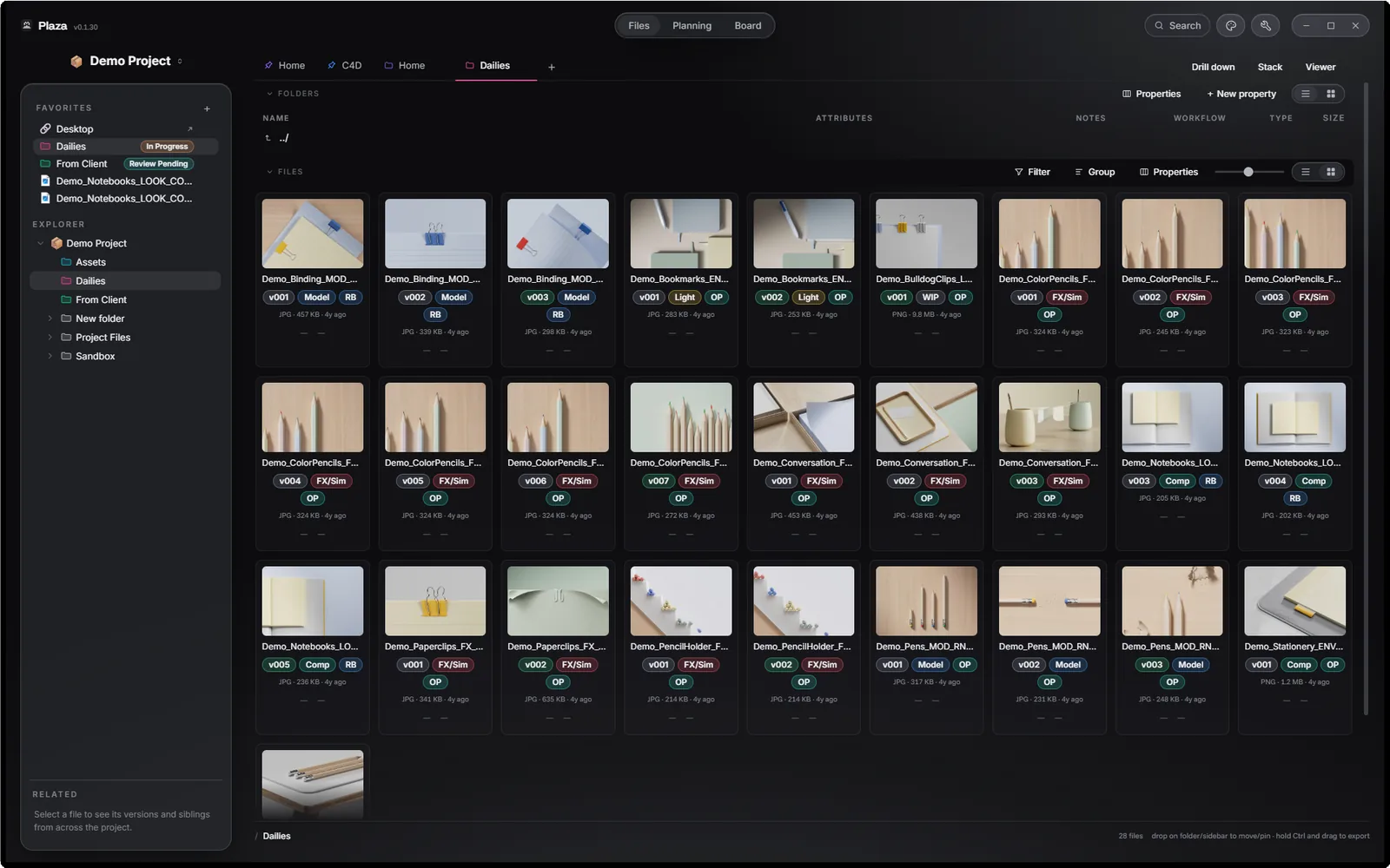 Plaza in Files mode: a project folder rendered as a grid of real thumbnails with status and version chips