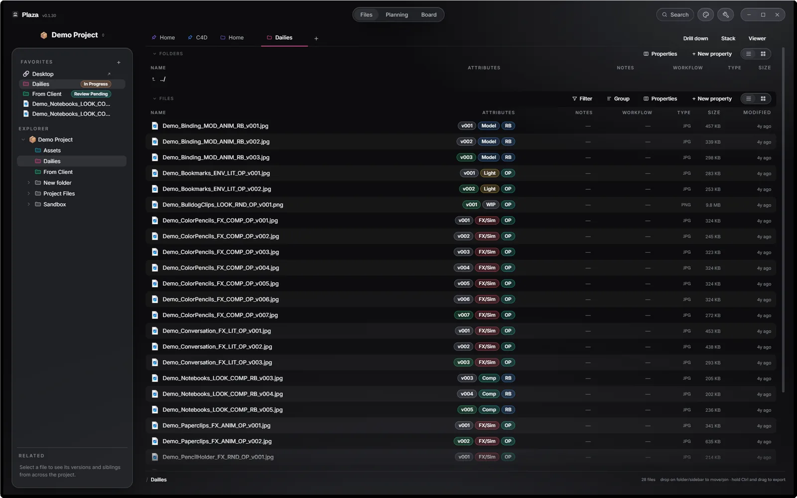 Plaza's table view showing smart columns — Version, Stage, Owner — derived from file names