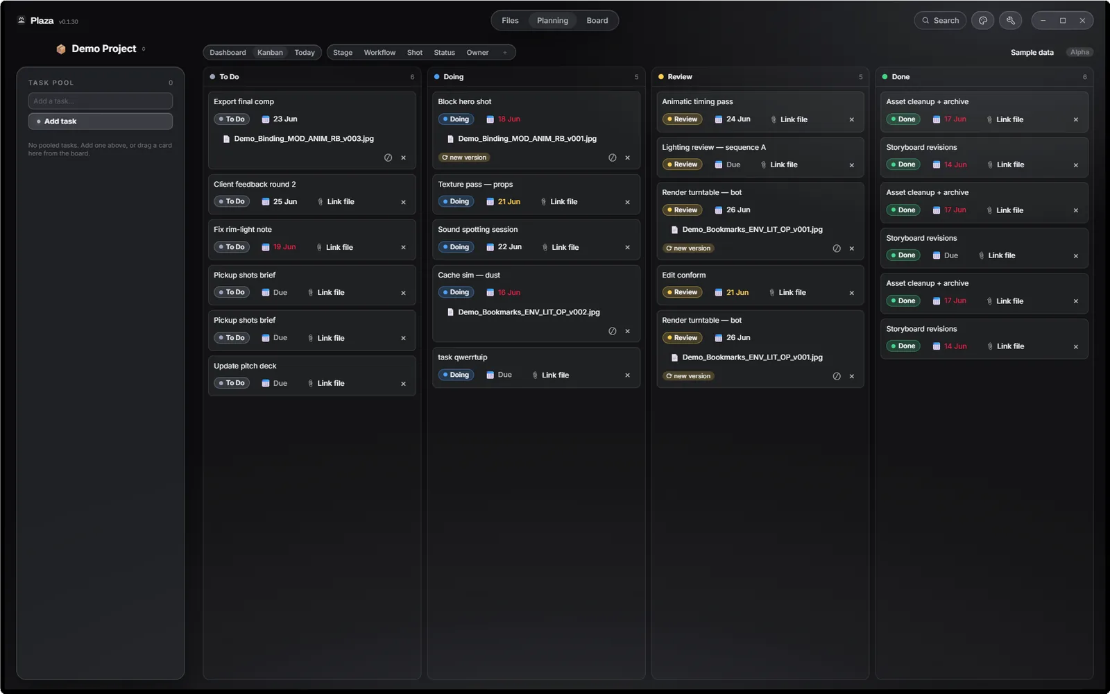 Planning mode — a Kanban of tasks linked to real project files