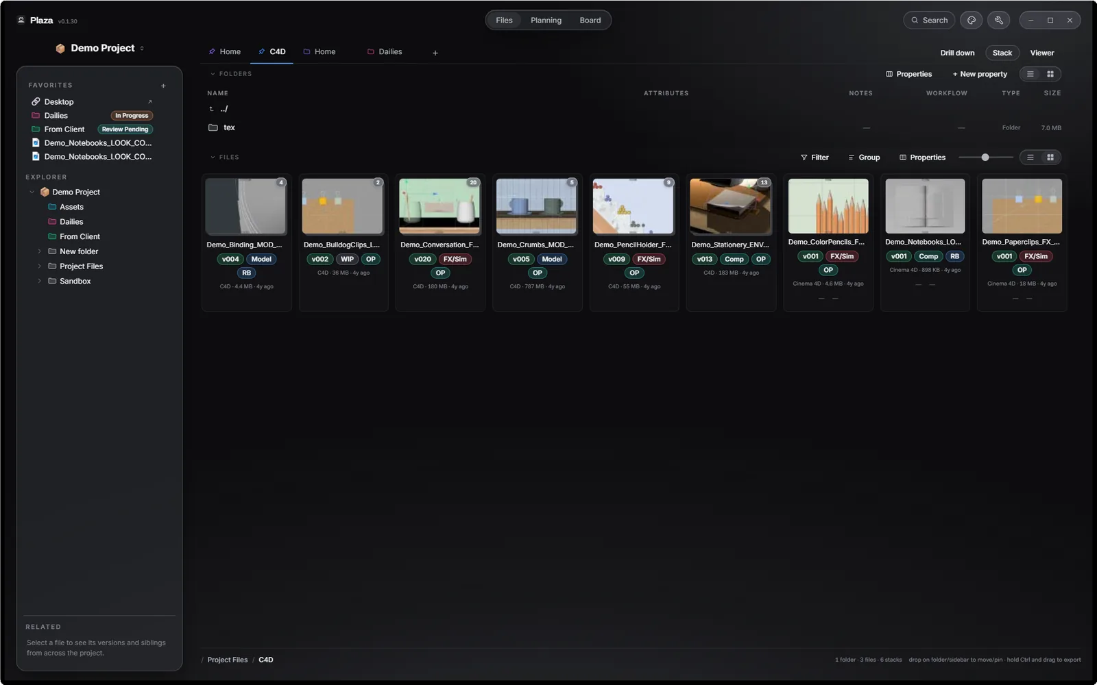 A grid of Cinema 4D files showing real rendered thumbnails without Cinema 4D installed
