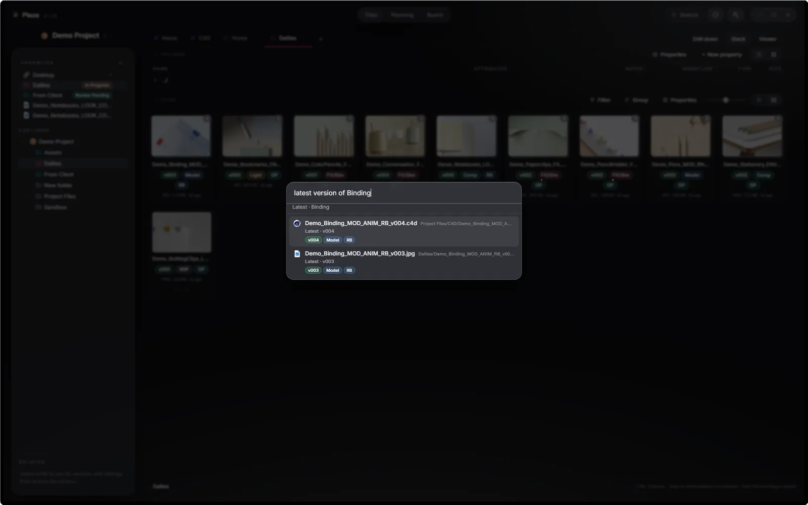 Plaza's command-K search returning files with version, stage and owner chips